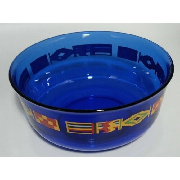 Arcoroc France Cobalt Blue Kente Flag Trim Serving Bowl Vintage Glass 8 3/4 inch - Picture 7 of 10